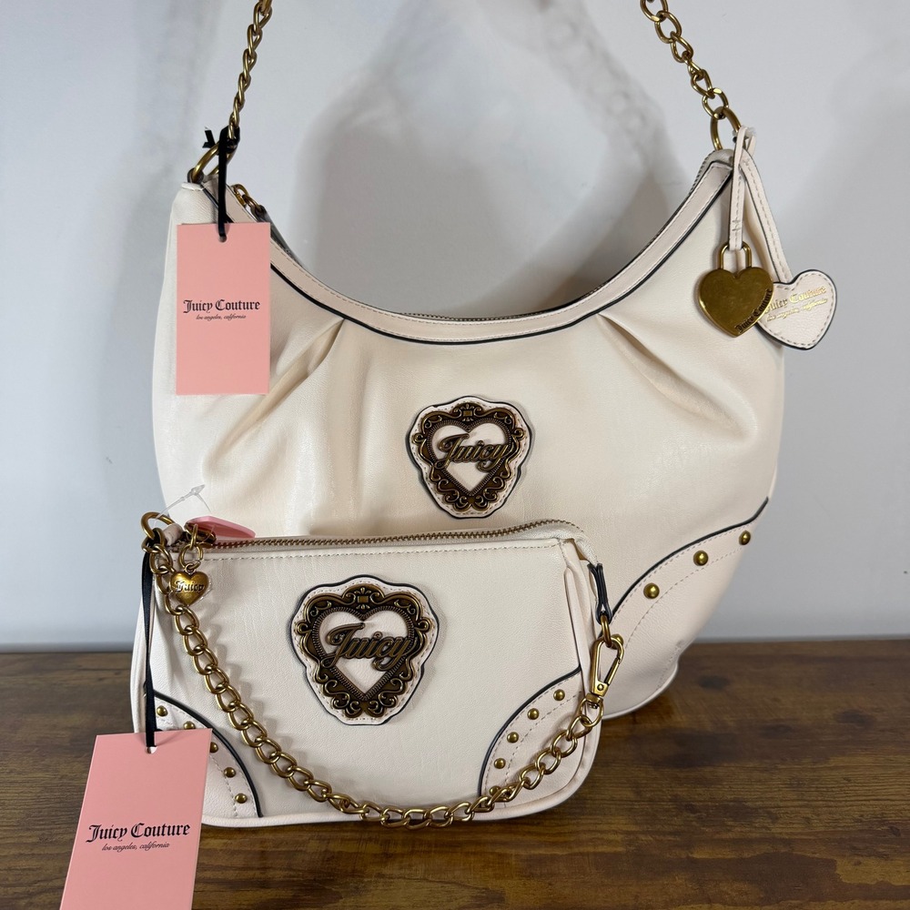 New Juicy Couture In Her Juicy Era White Hobo Shoulder Handbag Wristlet Set Y2K